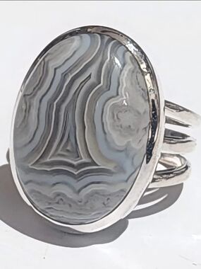 New 925 Sterling Silver Gray Blue Banded Agate Oval Statement Ring Size 9